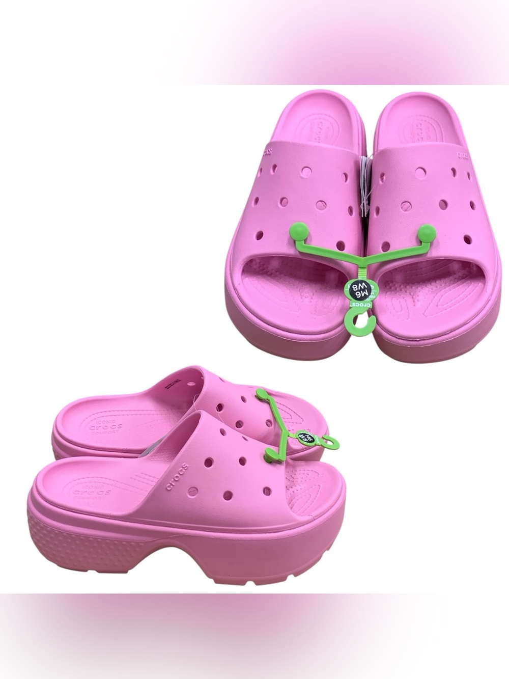 CROCS NWT Pink Platform Slide Sandals with Green Tag Accent S8
